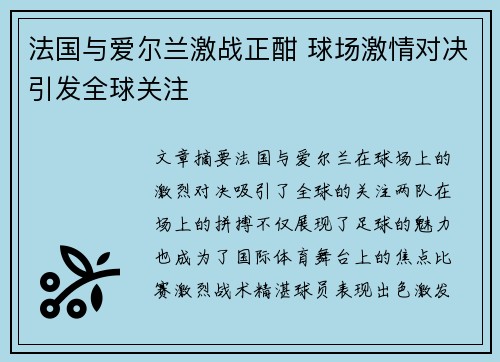 法国与爱尔兰激战正酣 球场激情对决引发全球关注
