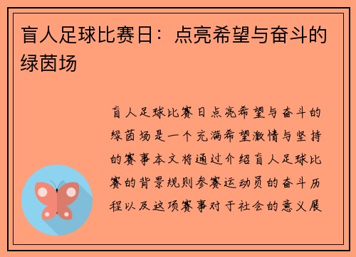 盲人足球比赛日：点亮希望与奋斗的绿茵场