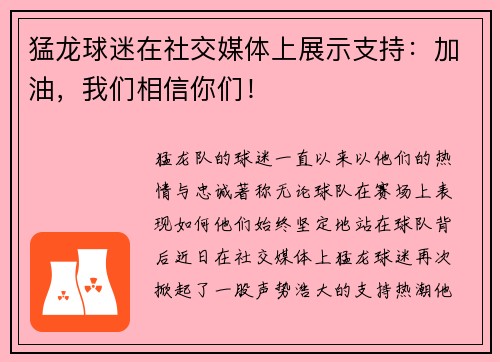 猛龙球迷在社交媒体上展示支持：加油，我们相信你们！