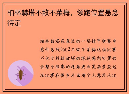 柏林赫塔不敌不莱梅，领跑位置悬念待定