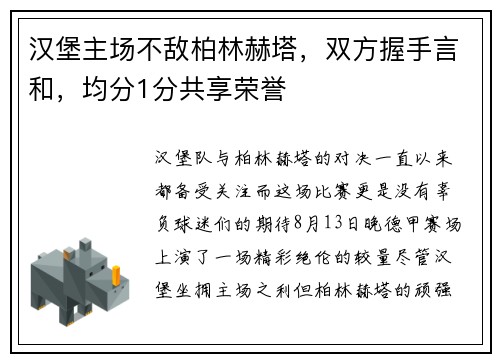 汉堡主场不敌柏林赫塔，双方握手言和，均分1分共享荣誉
