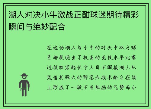 湖人对决小牛激战正酣球迷期待精彩瞬间与绝妙配合