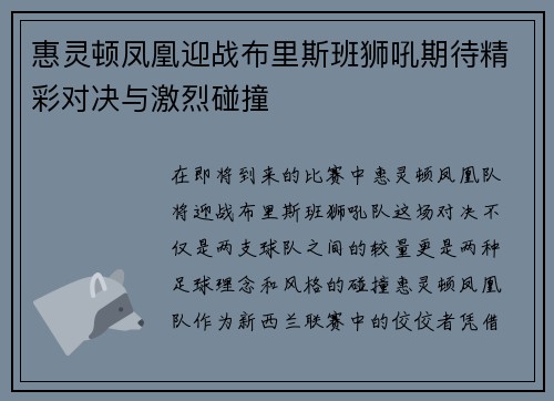 惠灵顿凤凰迎战布里斯班狮吼期待精彩对决与激烈碰撞