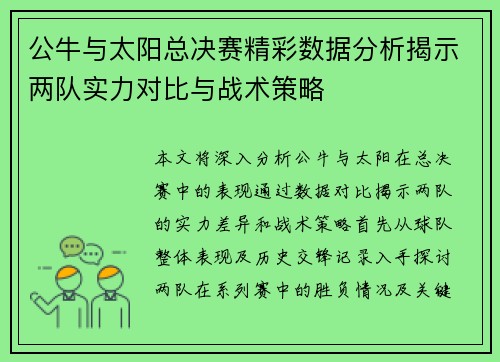 公牛与太阳总决赛精彩数据分析揭示两队实力对比与战术策略