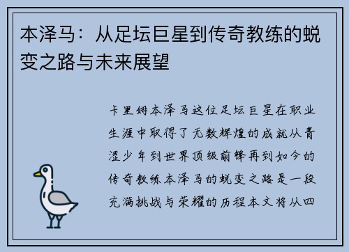 本泽马：从足坛巨星到传奇教练的蜕变之路与未来展望