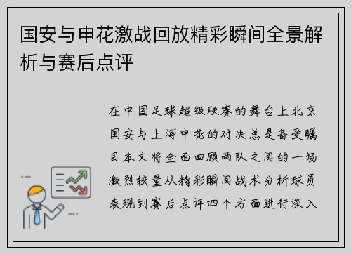 国安与申花激战回放精彩瞬间全景解析与赛后点评
