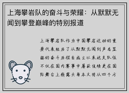 上海攀岩队的奋斗与荣耀：从默默无闻到攀登巅峰的特别报道